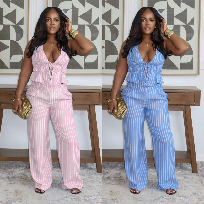 Striped Halter Low Back Sleeveless Top and Wide Leg Pants Two Piece Set