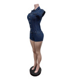 Demin Blue Short Sleeve Button Slim Rompers