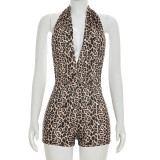Leopard Print Sexy Halter Backless Rompers