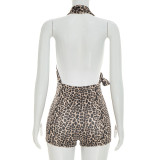 Leopard Print Sexy Halter Backless Rompers