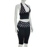 Polka Dot Patchwork Crop Top Capri Two Piece Set