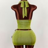 Solid Sexy Halter Low Back Crop Top and Bodycon Skirt Two Piece Set