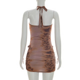 Sexy Printed Halter Neck Metal Decor Ruched Bodycon Mini Dress