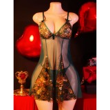 Women Embroidered Lace Lingerie Set Cami Mesh Nightdress