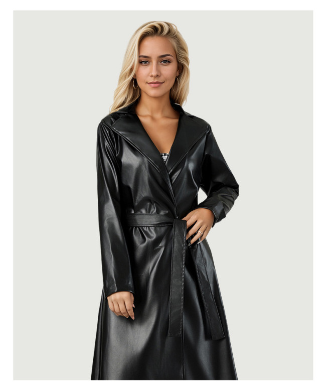 Fall Winter Women's PU Leather Long Coat