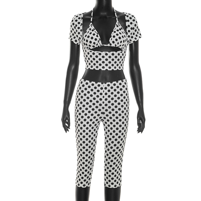 Polka Dot Sexy Print Short Sleeve Capri Three-piece Set