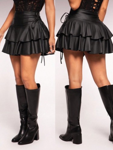 Fashion PU Leather Layered Skirt for Women