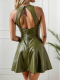 Sexy V-Neck PU Leather A-Line Slim Waist Dress