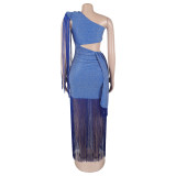 Tassel One-Shoulder Asymmetric Maxi Dress