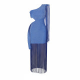 Tassel One-Shoulder Asymmetric Maxi Dress