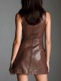 PU Leather Zipper Sleeveless A-Line Dress