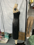 Sexy PU Leather Chic Strapless Slit Front Bodycon Dress