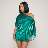 Slash Shoulder Print Top and Mini Skirt Fashion Two Piece Set