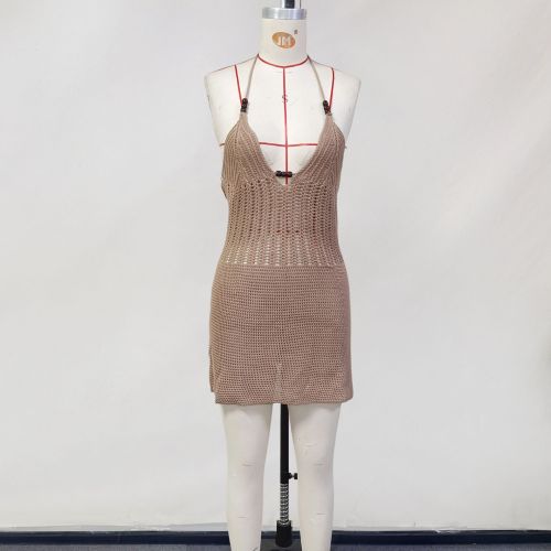 Sexy Hollow-Out Backless Lace-Up Halter Knitting Bodycon Beach Dress