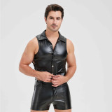 Men's PU Leather Two Piece Set Black Lace-up Vest and Shorts
