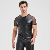 Men's PU Leather Two Piece Set Black Short Sleeve Tee and Shorts