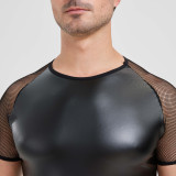 Men's PU Leather Two Piece Set Black Short Sleeve Tee and Shorts