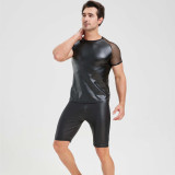 Men's PU Leather Two Piece Set Black Short Sleeve Tee and Shorts