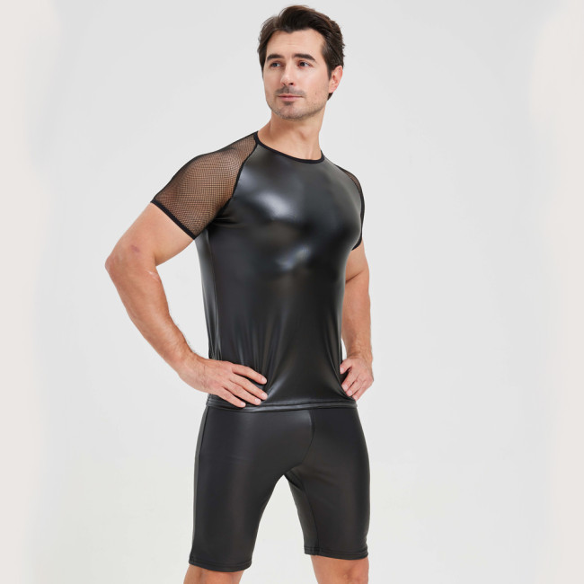 Men's PU Leather Two Piece Set Black Short Sleeve Tee and Shorts