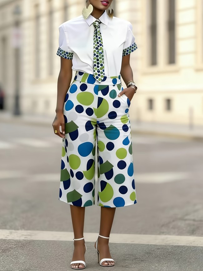 Geometric Print Blouse with Necktie and Polka Dot Capri Pants Set