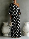 Polka Dot Print Slash Shoulder Top and Wide Leg Pants Two Piece Set