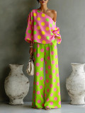 Polka Dot Print Slash Shoulder Top and Wide Leg Pants Two Piece Set