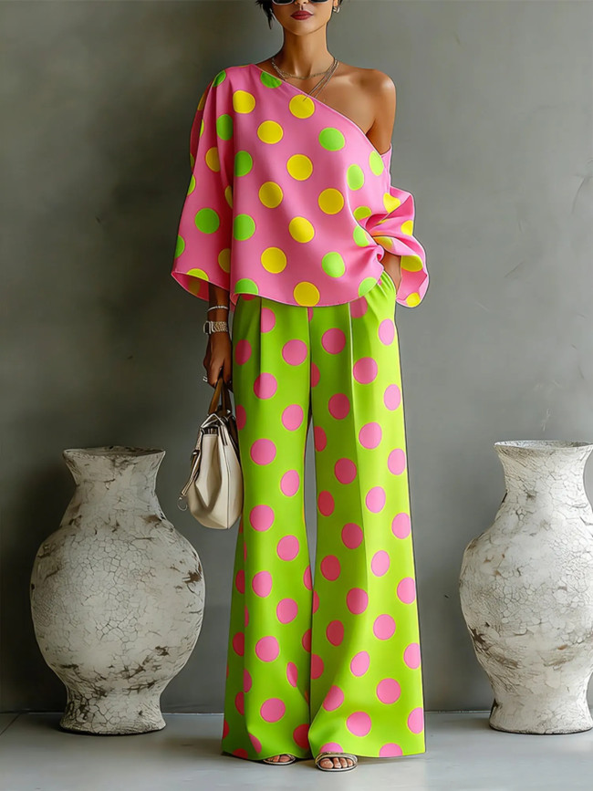 Polka Dot Print Slash Shoulder Top and Wide Leg Pants Two Piece Set