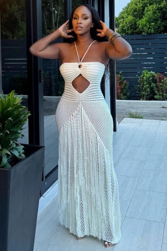 Sexy Crocheting Knit Hollow Out Cover-up Beach Dress