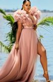 Ruffles Deep-V Neck Slit Maxi Evening Dress
