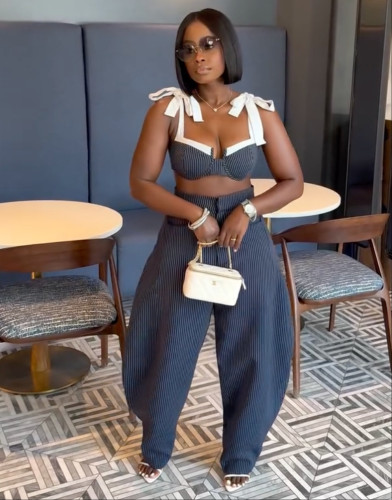 Sexy Striped Patchwork Bra Top and Wide Leg Pants Two Piece Set