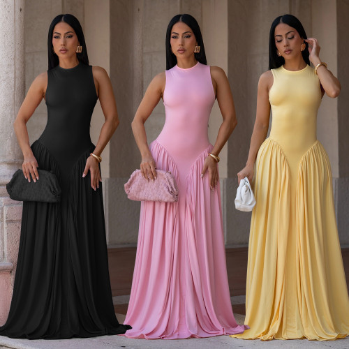 Chic Elegant Sleeveless Solid Round Neck Maxi Dress
