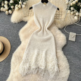 Solid Tassel Knitting Sleeveless Bodycon Dress
