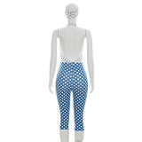 Fashion Halter Plunge Neck Backless Dot Print Slim Rompers with Headband