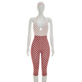 Fashion Halter Plunge Neck Backless Dot Print Slim Rompers with Headband