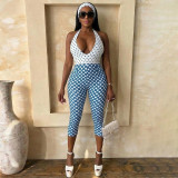 Fashion Halter Plunge Neck Backless Dot Print Slim Rompers with Headband