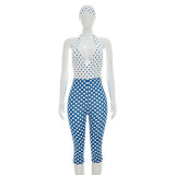 Fashion Halter Plunge Neck Backless Dot Print Slim Rompers with Headband