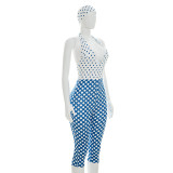 Fashion Halter Plunge Neck Backless Dot Print Slim Rompers with Headband