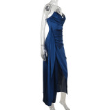 Strapless Ruched Sexy Slit Maxi Evening Dress