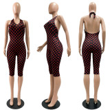 Stylish Polka Dot V-Neck Halter Low Back Slim Rompers