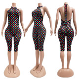Fashion Polka Dot Print Streetchy Halter Neck Backless Rompers