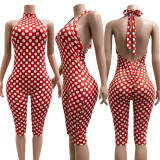 Fashion Polka Dot Print Streetchy Halter Neck Backless Rompers