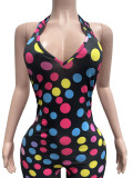 Fashion Polka Dot V-Neck Halter Backless Slim Rompers