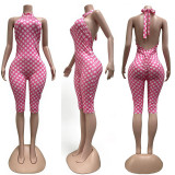 Fashion Polka Dot Print Streetchy Halter Neck Backless Rompers