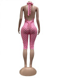 Fashion Polka Dot Print Streetchy Halter Neck Backless Rompers