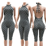 Fashion Polka Dot Print Streetchy Halter Neck Backless Rompers