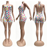Fashion Polka Dot V-Neck Halter Backless Slim Rompers