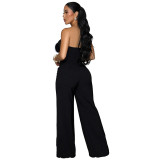Fashion Floral Strapless Crop Top and Solid Straight Wide-Leg Pants 2PCS Set