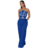Fashion Floral Strapless Crop Top and Solid Straight Wide-Leg Pants 2PCS Set