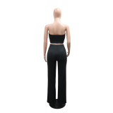Fashion Floral Strapless Crop Top and Solid Straight Wide-Leg Pants 2PCS Set