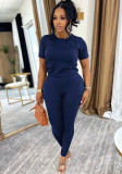 Women Short-Sleeve Top and Pants Simple Two-Piece Set